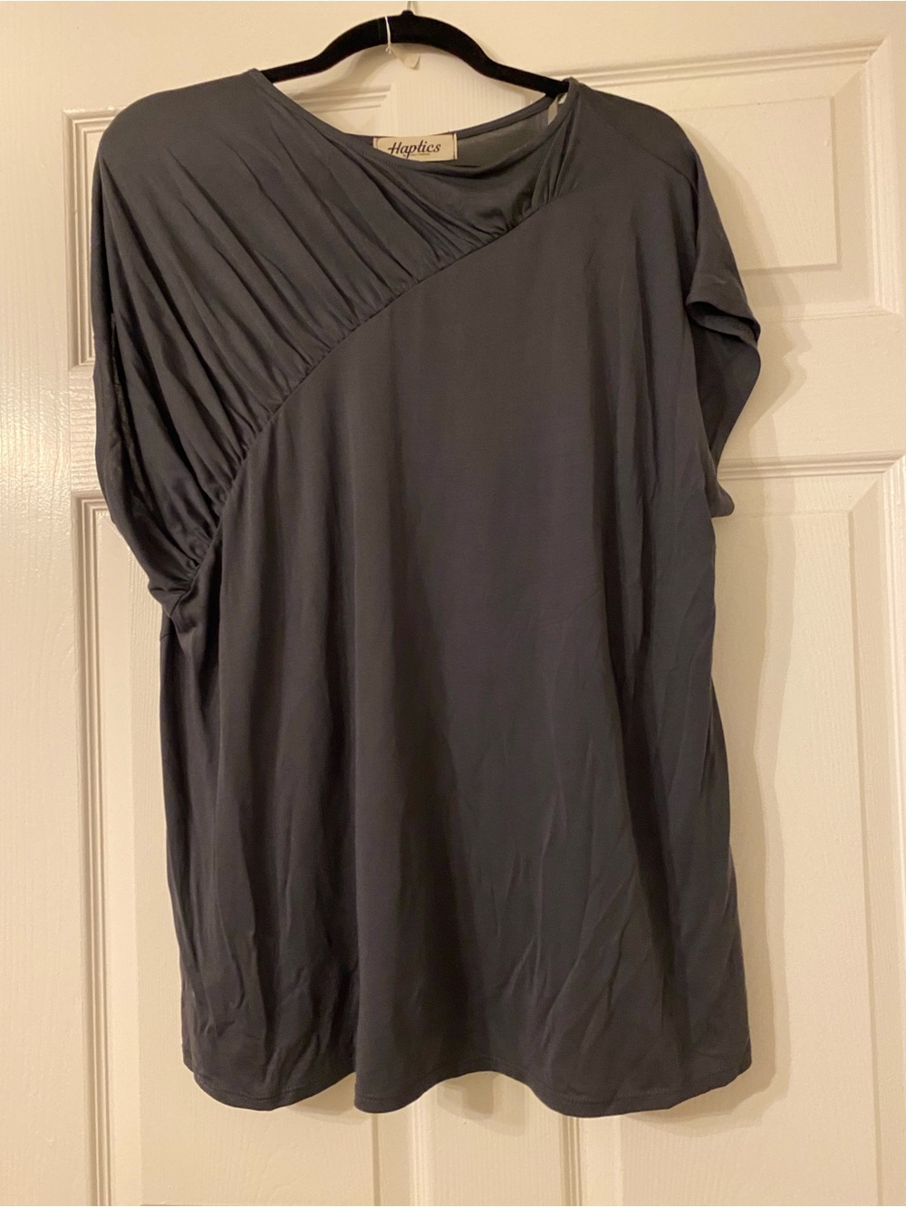 Haptics Slate Gray Pleated Shoulder Short Sleeve Top